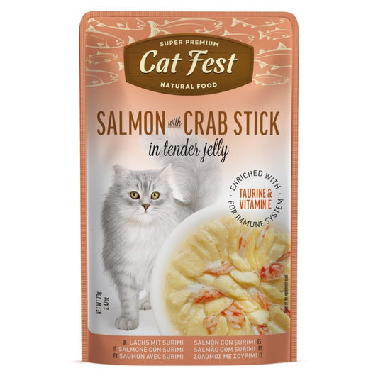 CAT FEST Cat Food Pouches - Salmon with Crab Stick in Tender Jelly (70g)