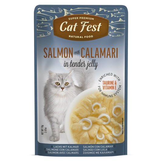 CAT FEST Cat Food Pouches – Salmon with Calamari in Tender Jelly (70g)
