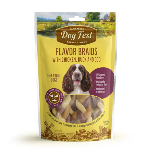 DOG FEST Flavor Braids with Duck, Chicken & Cod for Adult Dogs - 90Gr