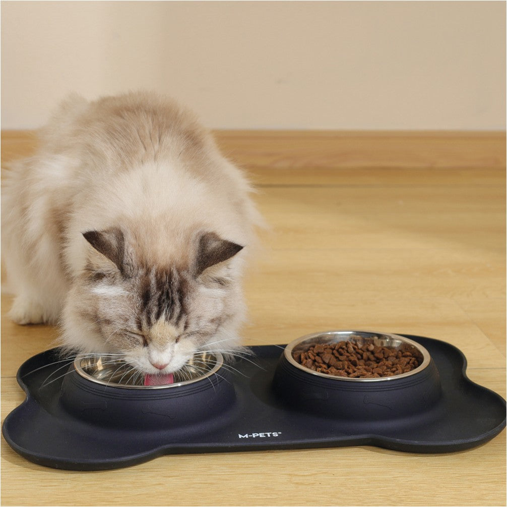 MPETS DUET Stainless Steel Bowls with Silicone Mat – Black