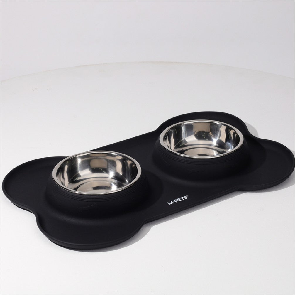 MPETS DUET Stainless Steel Bowls with Silicone Mat – Black