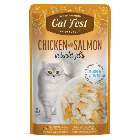 CAT FEST Cat Food Pouches – Chicken with Salmon in Tender Jelly (70g) - Petzone Kenya