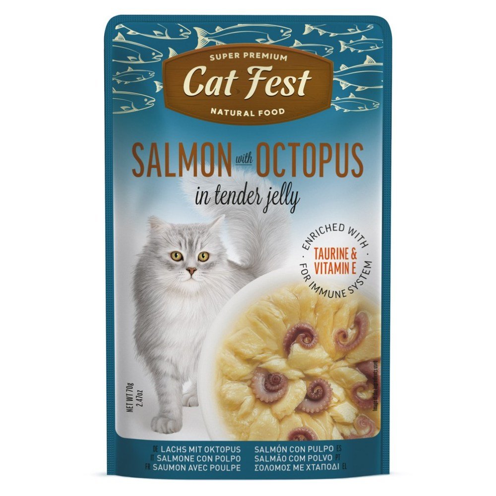 CAT FEST Cat Food Pouches – Salmon with Octopus in Tender Jelly (70g) - Petzone Kenya