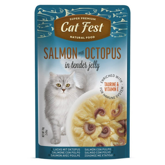 CAT FEST Cat Food Pouches – Salmon with Octopus in Tender Jelly (70g) - Petzone Kenya
